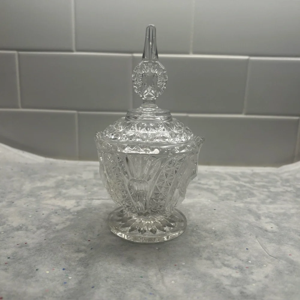 Rare Vintage Crystal Vanity Tea Set with Red Rose and Bird Accent.